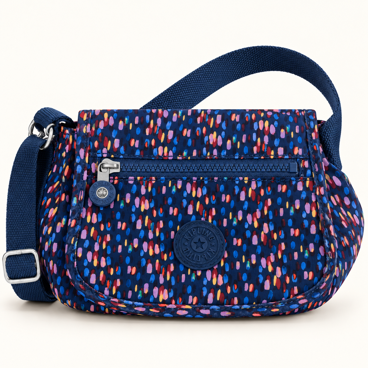 Bolso bandolera Kipling azul con estampado multicolor, vista frontal